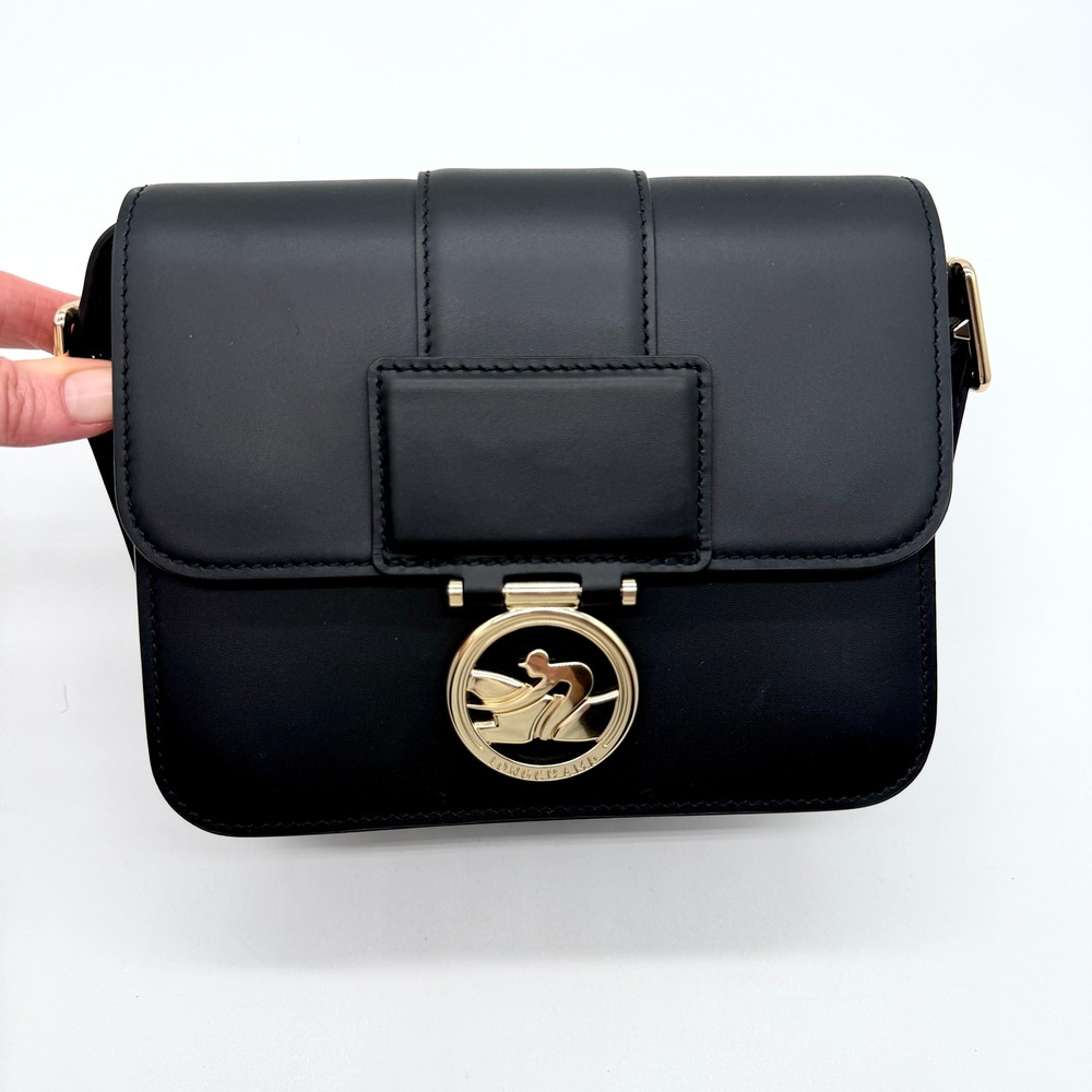LONGCHAMP Box-Trot Leather Crossbody Bag Black Gold Medallion Flap Classic Small - Picture 5 of 16